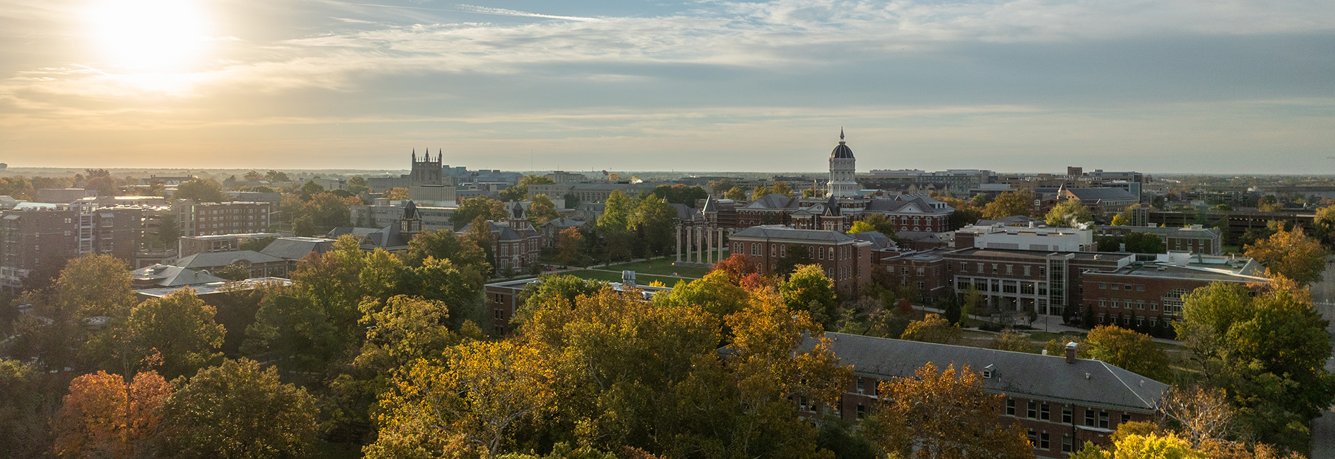 Aerial view of Columbia, Missouri featuring Jesse Hall, the Columns and Memorial Union