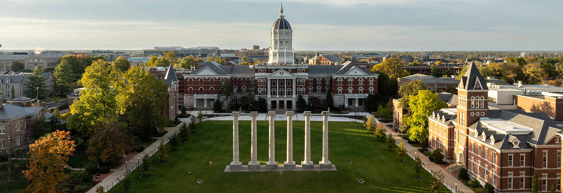 Aerial view of the Columns and Jesse Hall