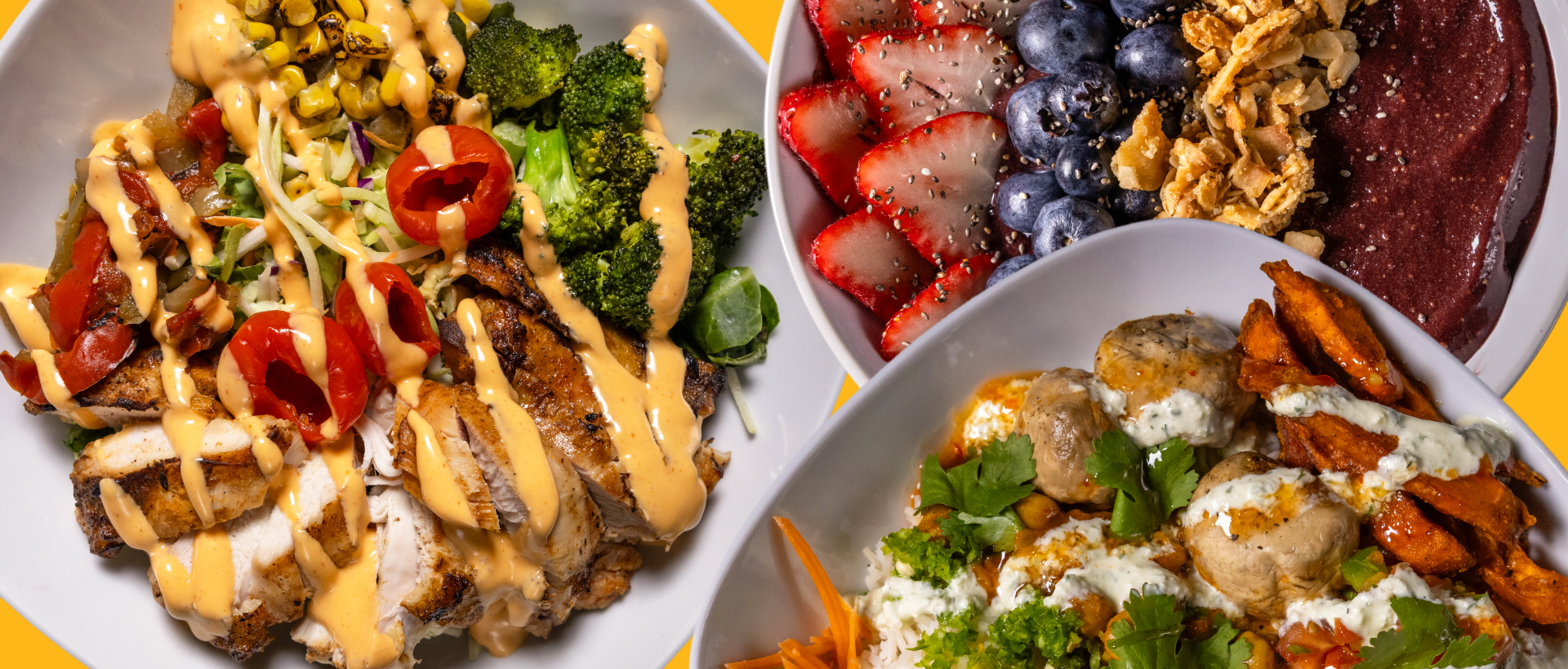 Three plates of food on a gold background