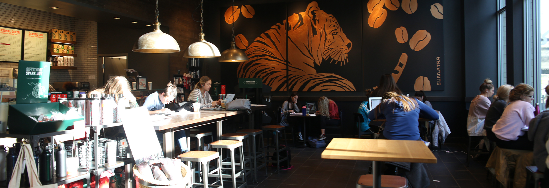 Coffee shop interior with seating and coffee counter